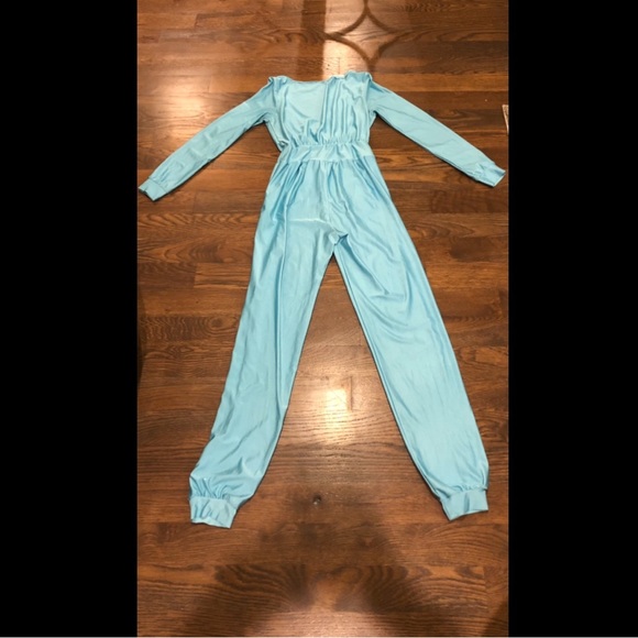Shiny, stretchy  blue Bodycon vneck, skinny leg  jumpsuit women’s onsie size L - Picture 2 of 9